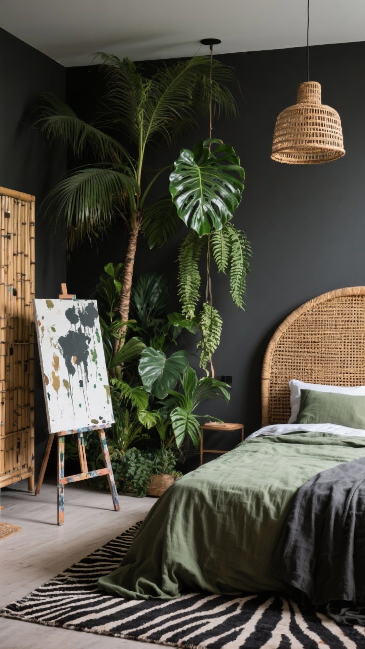 Corner medium shot: Jungle atelier bedroom scene with charcoal walls and an oversized arched rattan headboard. Lush greenery: towering palms, a monstera, and a hanging fern create layered foliage. Include a bamboo wardrobe and a paint-splattered easel with a canvas, plus linen bedding in moss and charcoal. A rattan pendant casts woven shadows; a zebra-print rug adds playful contrast. Moody yet verdant ambiance, textures of cane, rattan, leafy greens.