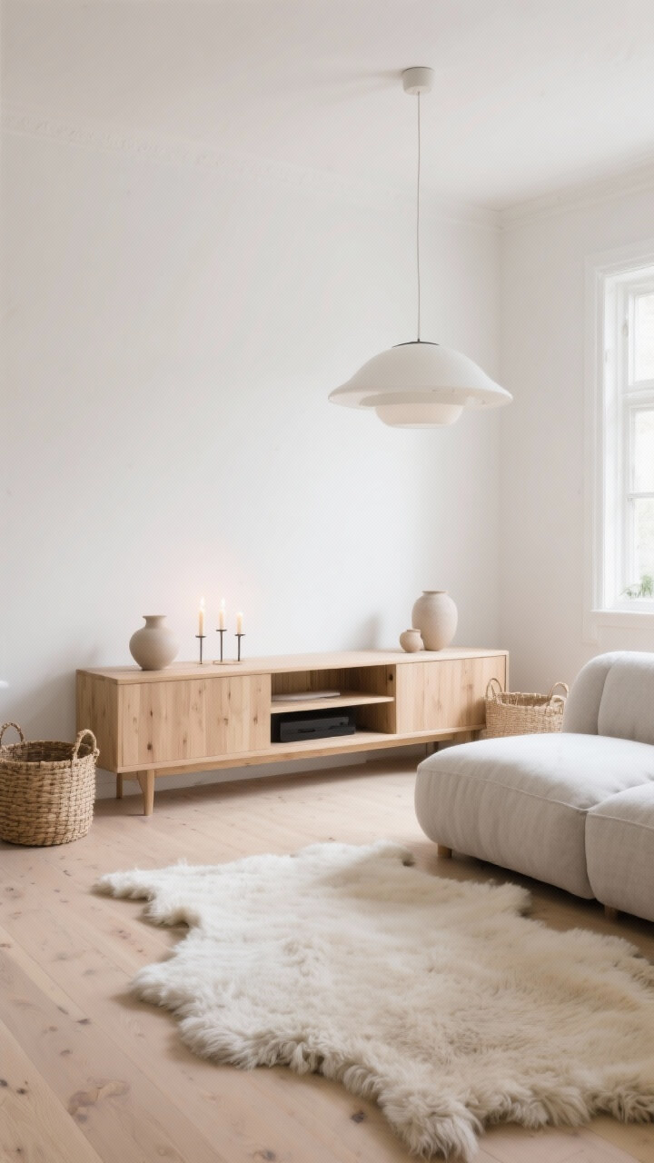 Medium, airy Scandinavian living area: warm white walls, light oak media console, and a cloud-like sectional; sheepskin rug draped over a pale wood floor; woven baskets and simple neutral ceramics; minimal pendant overhead and glowing candles on the console; palette of warm white, oatmeal, pale gray, and blonde wood; photorealistic, soft daylight.