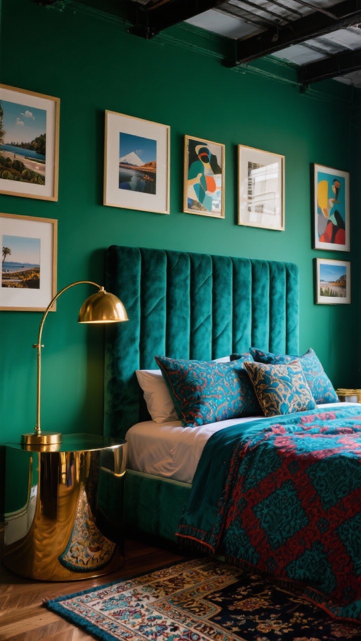 Medium shot: Jewel-tone gallery loft wall with emerald green paint and a velvet channel-tufted headboard in deep teal. The bed shows pattern-on-pattern textiles in sapphire, ruby, and teal. A salon-style arrangement of framed travel prints and abstract art fills the wall. Include a brass arc lamp arching over the bed, a richly patterned Persian rug at the foot, and a glossy lacquered side table reflecting light. Photorealistic, evening indoor lighting with subtle brass gleam.