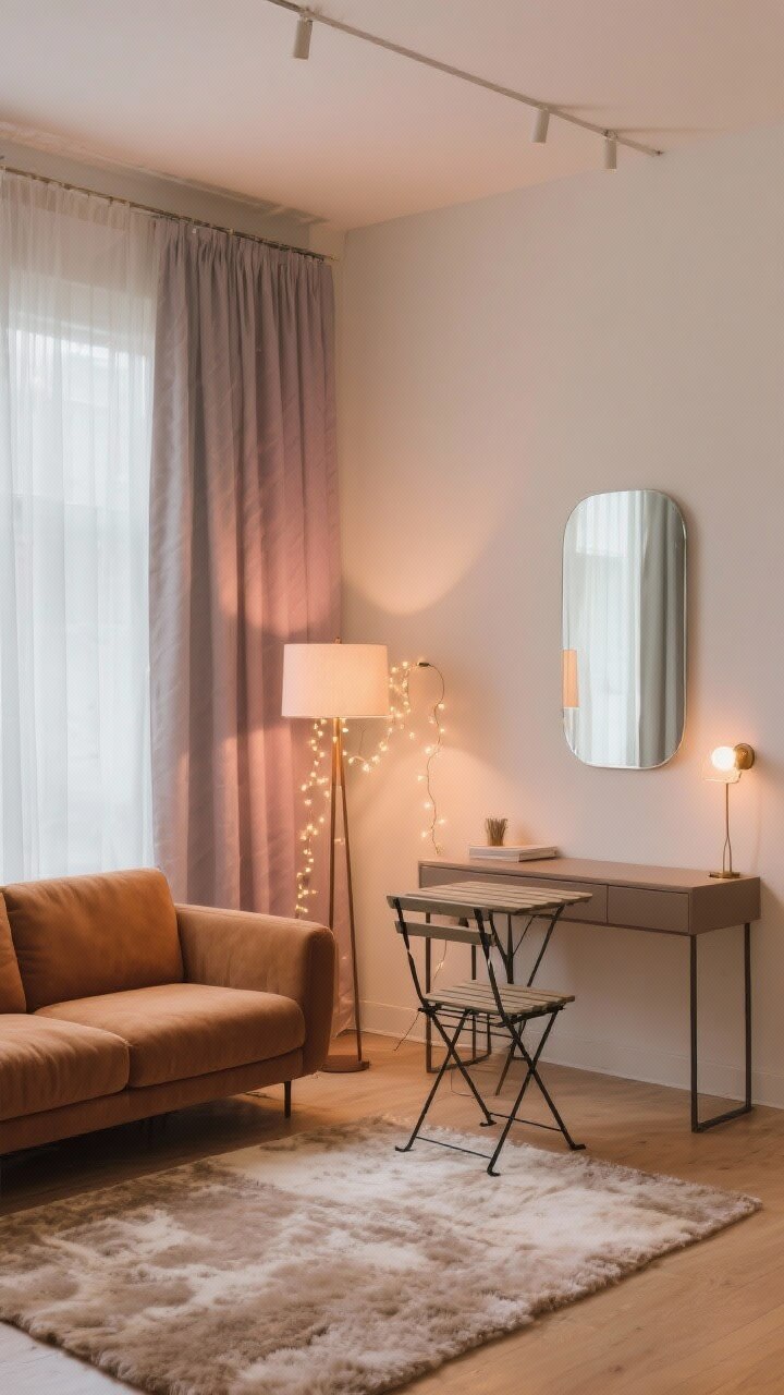 Medium studio layout: camel loveseat opposite a folding bistro table and a narrow console used as a desk; layered lighting&mdash;table lamp, floor lamp, string lights, and a small wall sconce creating a warm glow; plush rug and full curtain panels softening the space; palette of caramel, cream, soft gray, blush; mirror placed to bounce light; photorealistic.