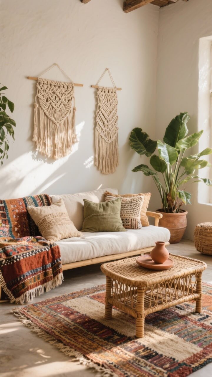 Medium, sunlit boho living room corner: low, cushy sofa piled with textured pillows and a kantha quilt draped over the back; handwoven rug, rattan coffee table styled with clay accents; macram&eacute; wall hanging; large potted plants catching soft sunlight; palette of sand, rust, olive, off-white; photorealistic, relaxed vibe.