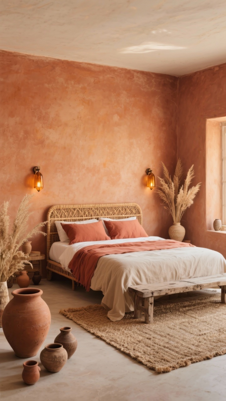 Wide room shot: A serene bohemian bedroom with terracotta limewash walls, a low-profile woven rattan bed dressed in linen bedding in muted paprika and sand, and a chunky jute rug underfoot. Include a weathered wood bench at the foot of the bed, oversized clay urn floor sculpture, scattered clay vessels and ceramic vases with dried grasses, and amber glass wall sconces casting a honeyed evening glow. Palette: terracotta, ochre, sandstone, ivory; textures of jute, linen, rattan, clay. Straight-on perspective, photorealistic, warm golden-hour lighting.