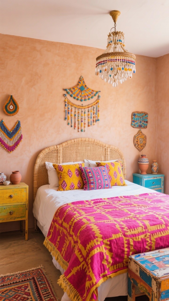 Wide room shot: Global eclectic bedroom with soft clay walls. A caned bed is dressed in a bold block-printed duvet, ikat pillows, and an oversized Turkish kilim used as a bed runner in hot pink and saffron. Mismatched painted vintage nightstands in different colors flank the bed. Beaded wall art and hand-thrown pottery accents; a beaded chandelier hangs overhead. Bright, joyful lighting; palette of clay, saffron, fuchsia, indigo.