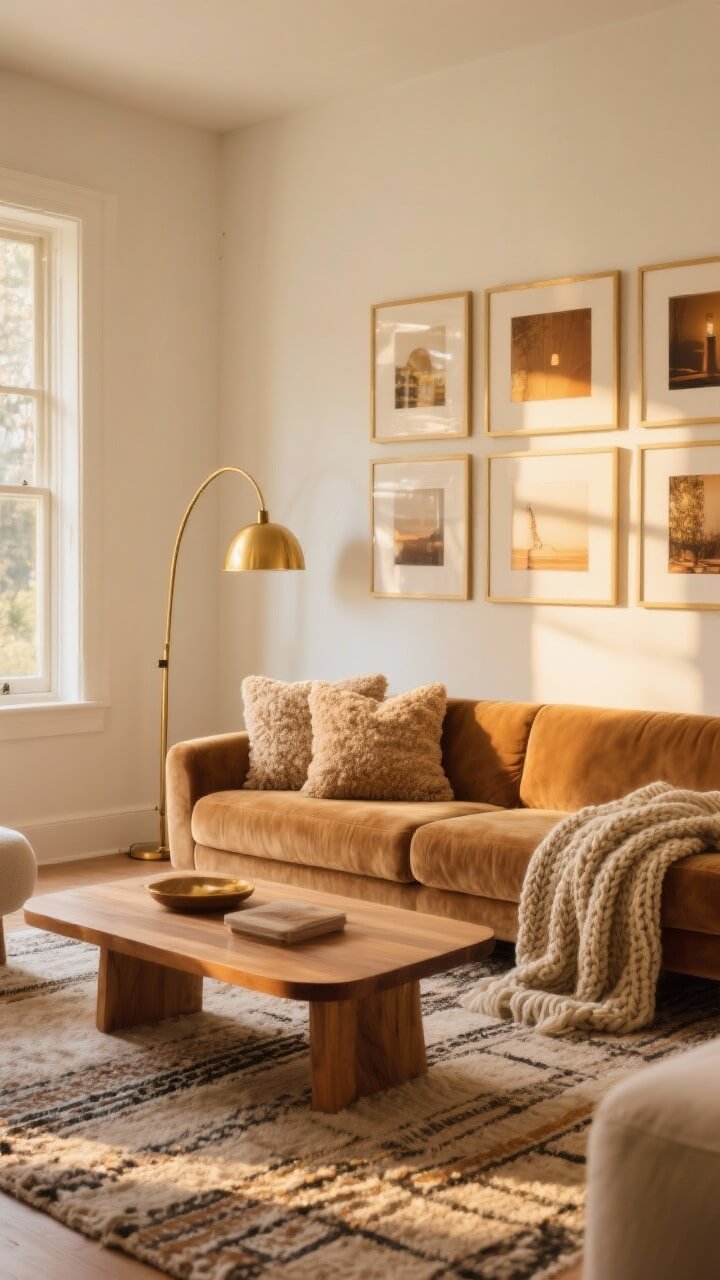 Wide, straight-on living room at golden hour with warm ivory walls, a camel velvet sofa layered with nubby boucle pillows and a chunky knit throw; low-profile oak coffee table on a wool berber rug; curved brass floor lamp and brass picture frames casting a honeyed glow; gallery wall of warm-toned photography; palette of cream, camel, honey, and soft gold; photorealistic, soft sunlit ambiance.