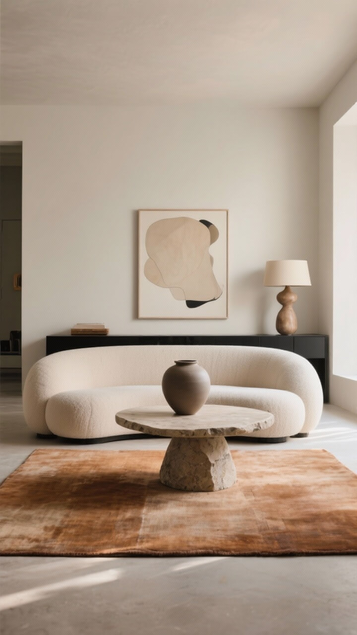 Wide warm minimalism living room: rounded sofa facing a curvy pedestal coffee table atop a warm stone-toned rug; restrained decor&mdash;one oversized matte ceramic vessel, one soft abstract art print, one sculptural lamp; negative space emphasized; palette of stone, oat, putty, soft black; photorealistic, diffuse daylight.