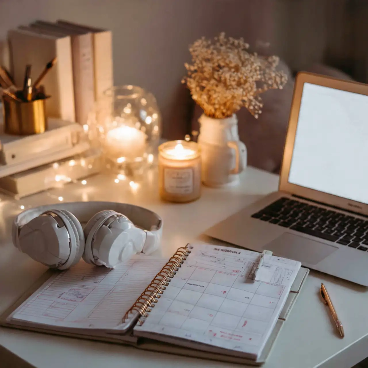 organized-nighttime-workspace-with-clean-desk-plan