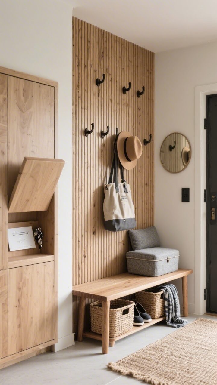 Detail/closeup: Japandi entryway vignette focusing on a vertical slatted wood panel with staggered wall hooks holding a bag and hat, a slim oak bench with pebble-gray cushions, and lidded under-bench baskets neatly tucked for shoes and scarves. A narrow wall cabinet with a flip-down door slightly ajar revealing mail and keys. Soft jute runner edge visible, oversized round mirror catching diffused natural light. Calm, warm, photorealistic, angled corner view.