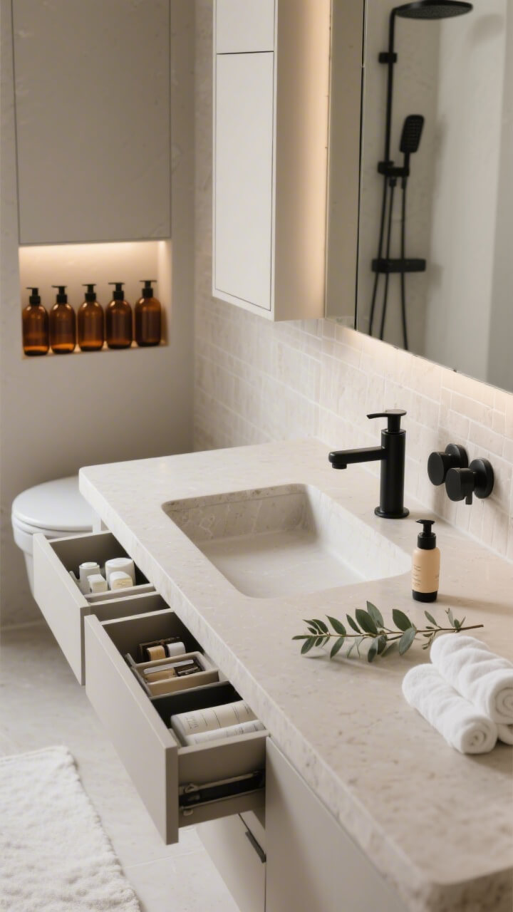 Detail/closeup overhead: Spa-serene bathroom countertop and vanity zone with soft greige walls, matte black fixtures, pale stone tile. Focus on a floating vanity with pull-out trays extended showing neatly organized daily essentials, counter nearly bare with a sleek soap pump and hand cream. In the background, uniform amber pump bottles lined up in the shower niche; a slim over-the-toilet cabinet with doors closed. Soft diffused spa lighting, eucalyptus sprig and rolled white towels nearby, photorealistic.