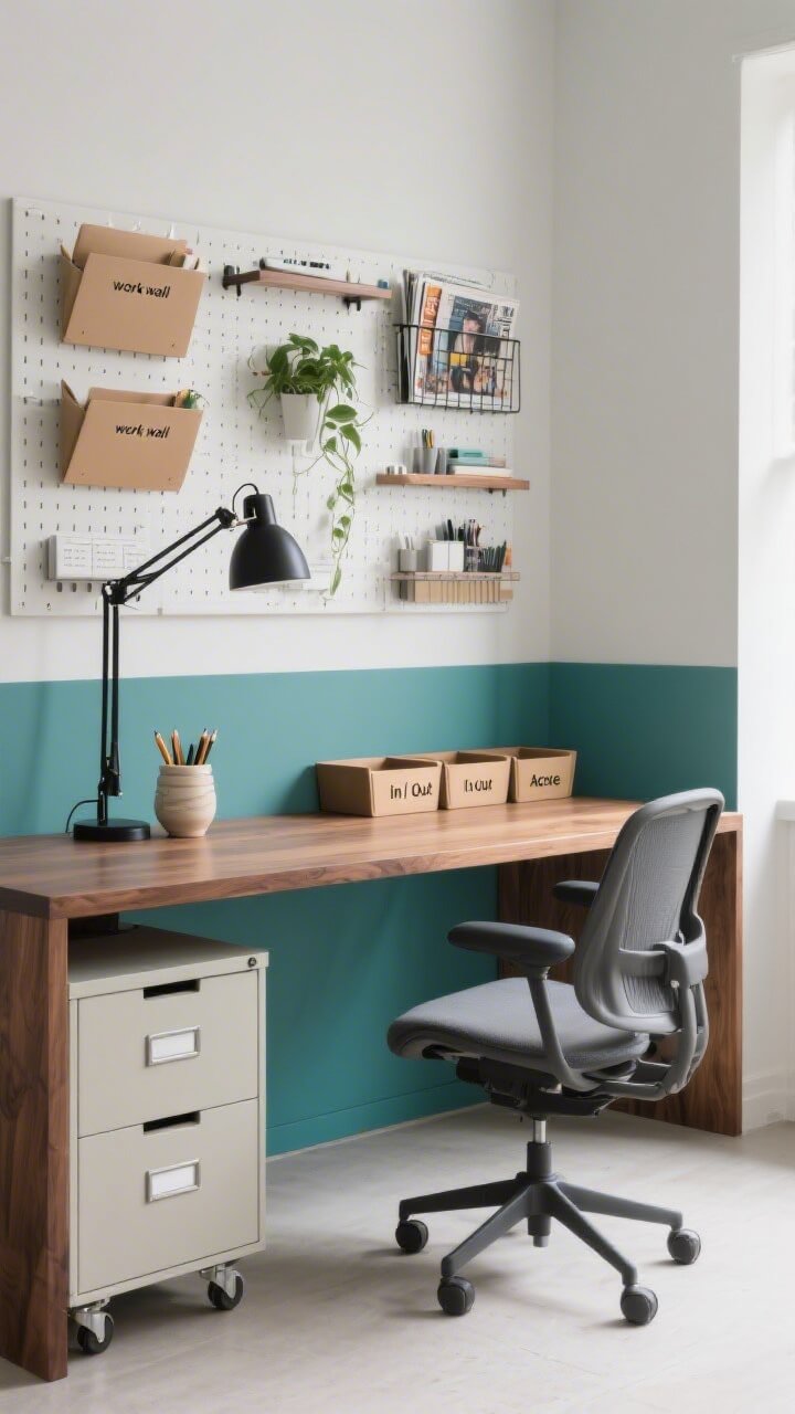 Medium shot: Color-blocked home office featuring a muted teal half-wall framing a streamlined walnut desk with a slim black task lamp and ergonomic chair. Desktop kept minimal with a ceramic pencil cup and a single plant. A vertical &ldquo;work wall&rdquo; behind the desk with pegboards, magazine files, and rails organizing supplies; a rolling file cabinet tucked under the desk; and three labeled trays (In, Out, Archive) aligned on a side surface. Even daylight, productive and tidy mood, photorealistic, slight corner angle.
