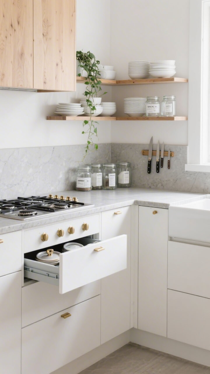 Medium shot: Scandinavian kitchen corner with matte white lower cabinets, light ash wood uppers, soft gray stone countertop, and brass hardware. Open shelves flanking the range styled with white dishes, clear uniform glass jars with labels, and a single trailing plant. Include a magnetic knife strip mounted near the prep zone and deep drawer dividers for pots and lids visible in a slightly open lower drawer. Bright airy daylight, intentional not busy, photorealistic, three-quarter angle from the island.