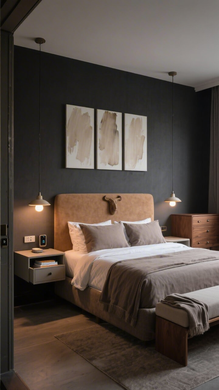 Wide shot: Boutique-hotel bedroom with moody charcoal walls, linen bedding in stone and taupe, plush camel headboard, and two pendant lights hanging above floating nightstands with drawers (charging station and book subtly visible in one open drawer). A walnut dresser anchors the opposite wall, and a soft neutral brushstroke triptych above the bed. Add a storage bench at the foot of the bed for extra blankets. Evening, warm ambient lighting from pendants, refined and uncluttered, photorealistic, straight-on from the doorway.