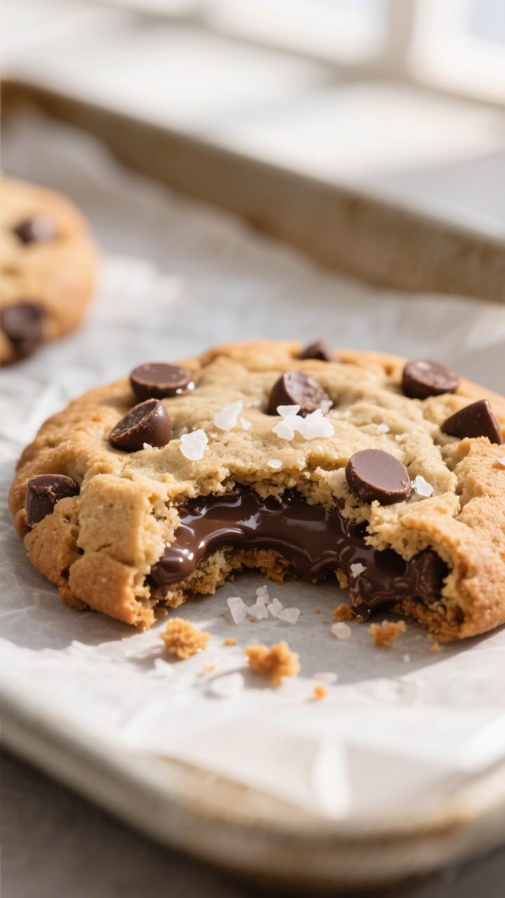Close-up detail: A just-baked chocolate chip cookie cracked open to reveal gooey semisweet chips and