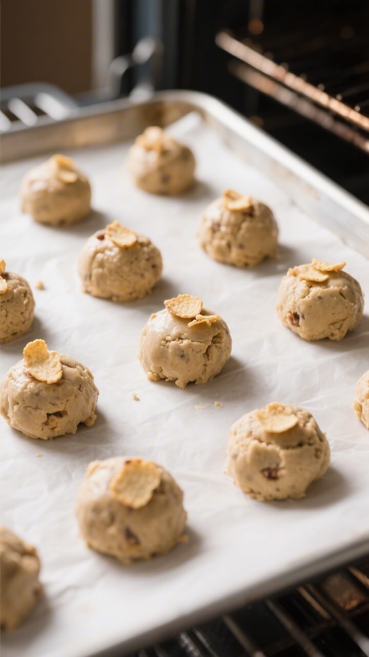 Cooking process: Overhead shot of portioned cookie dough balls on a parchment-lined sheet pan right 