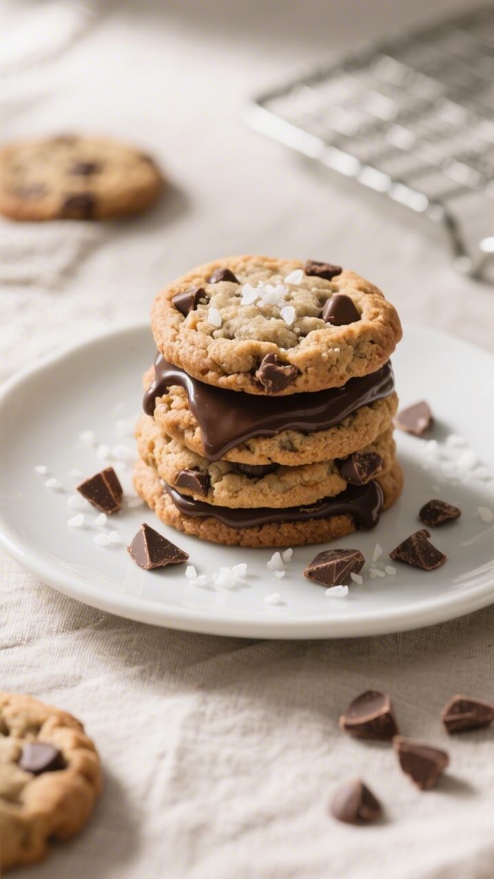 Final dish presentation: Beautifully plated stack of award-winning soft chocolate chip cookies with 