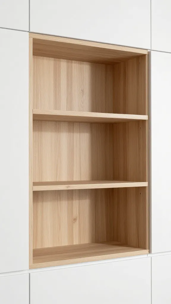 Warm-Wace white cabinetry with light birch open shelves