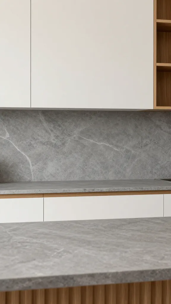 Gray stone countertops with creamy white cabinets, wood accents