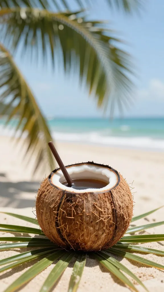 Coconut coffee cup nestled in palm shadows, bright beach backdrop