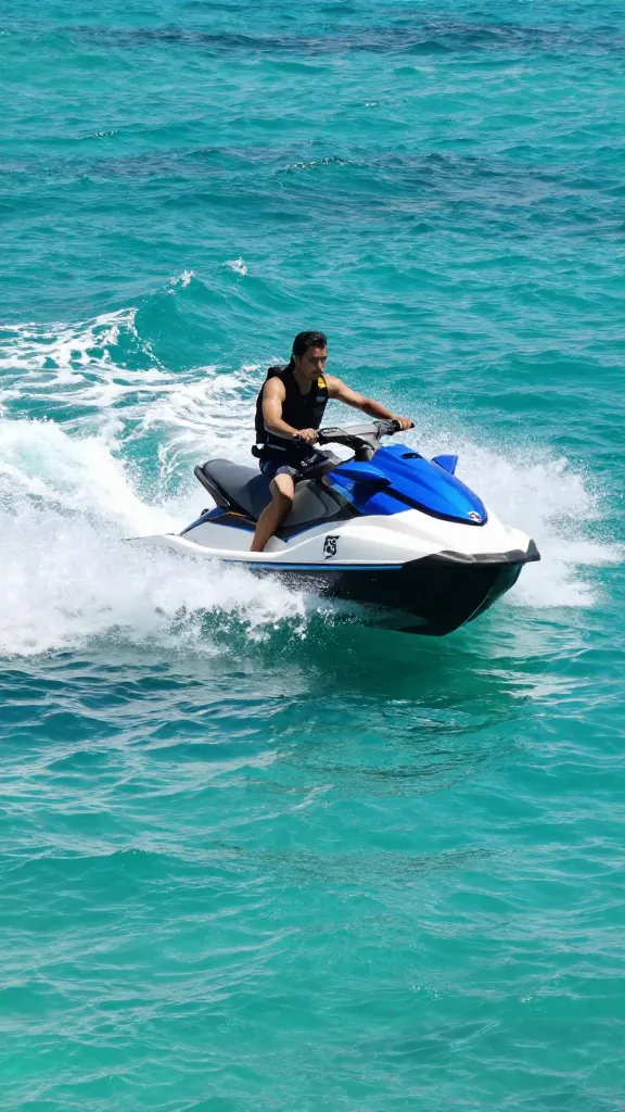 Jet ski splash at the wake line, clear turquoise water