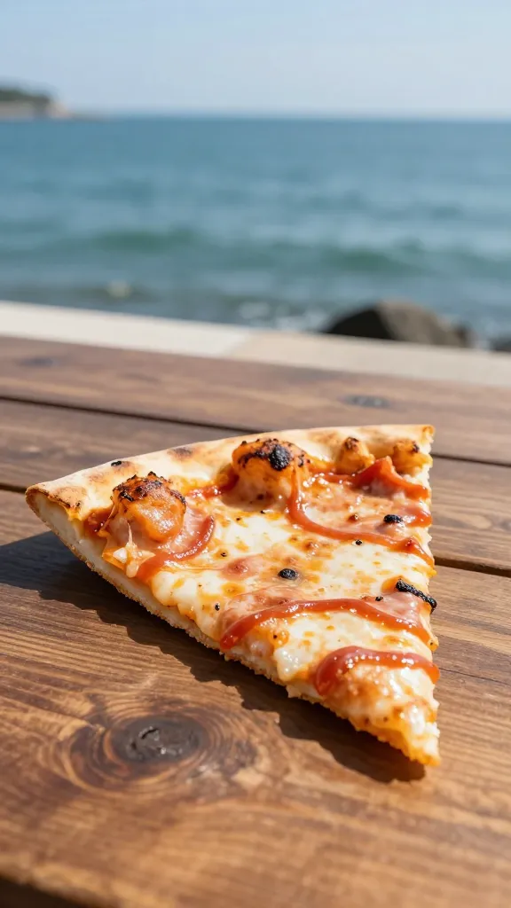 Pier-side pizza slice on a wooden table, ocean in view