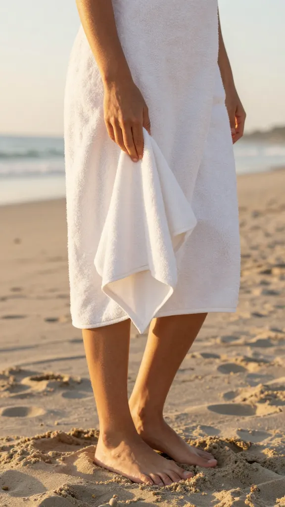 Barefoot beach towel wipe-down, golden hour glow