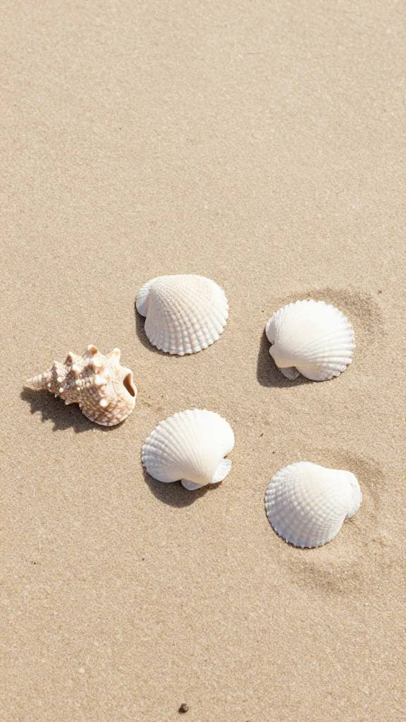Seashells and sand between toes, soft morning light