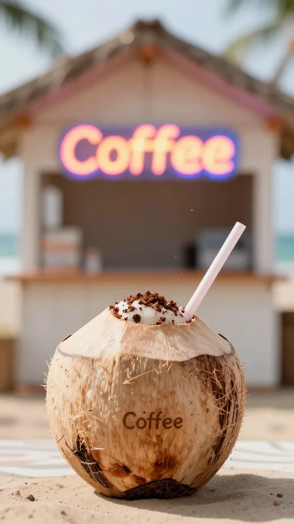 Beach shack coconut coffee with neon sign, soft bokeh background