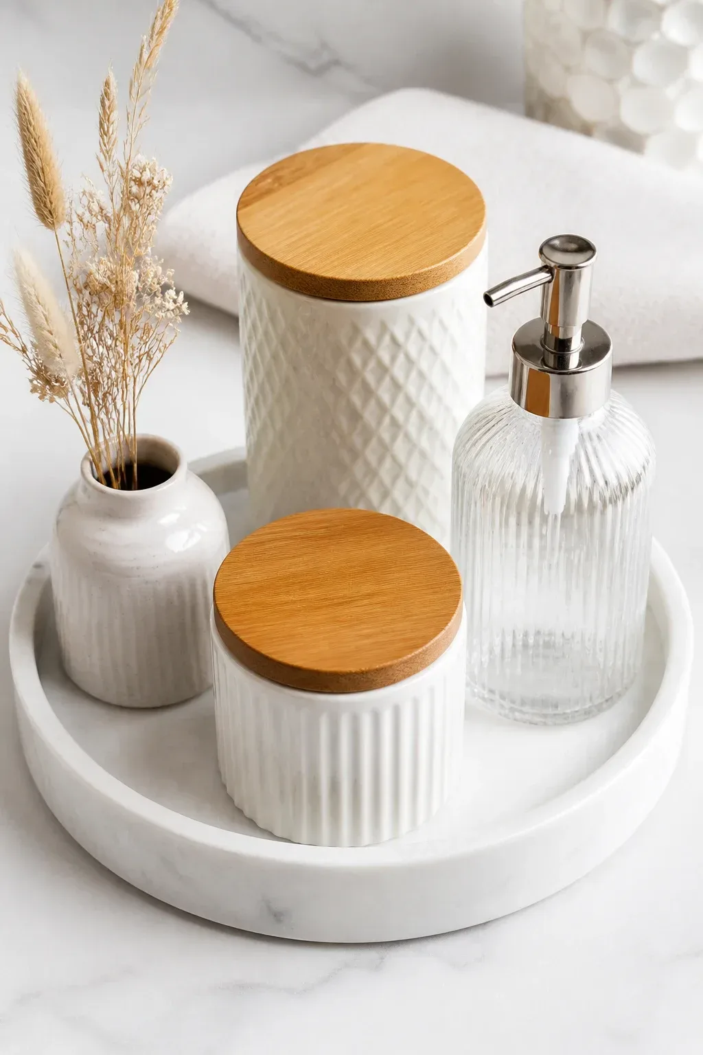 Flat-lay detail of a budget-friendly luxe display: ceramic jars, bamboo lids, marble tray, and glass pump; soft shadows