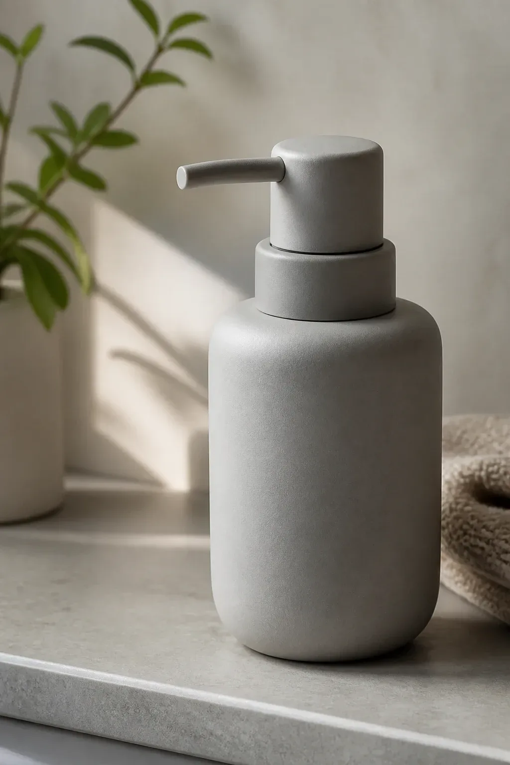 Close-up of a soft-gray minimalist soap dispenser against a matte stone countertop edge, highlighting texture and finish