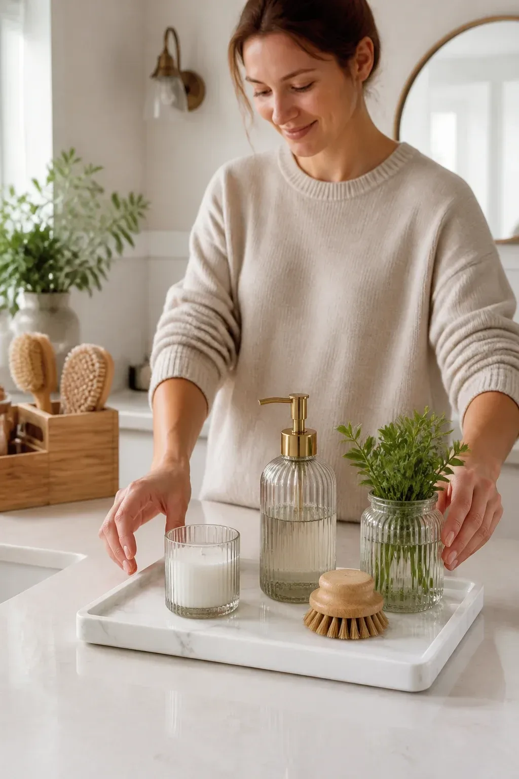 Three-quarter view of a marble-effect tray on a light counter, small lip visible, coordinated with glass containers and