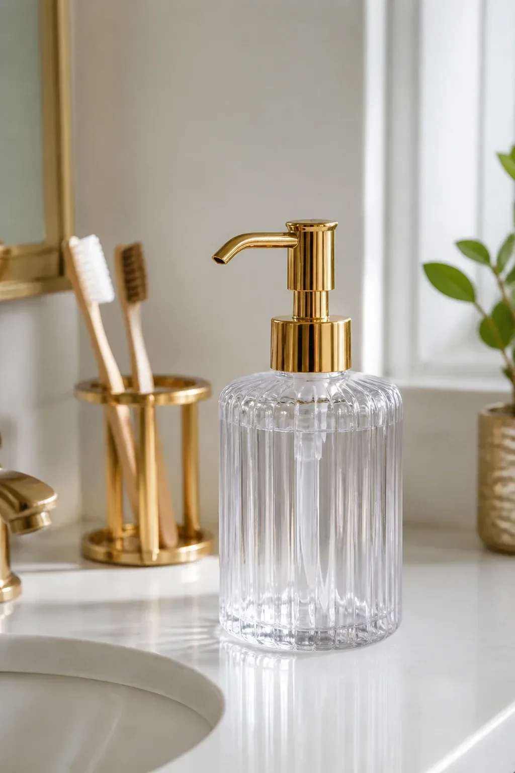 Close-up of a clear glass pump dispenser with gold accents on a white vanity, with a small gold toothbrush holder nearby
