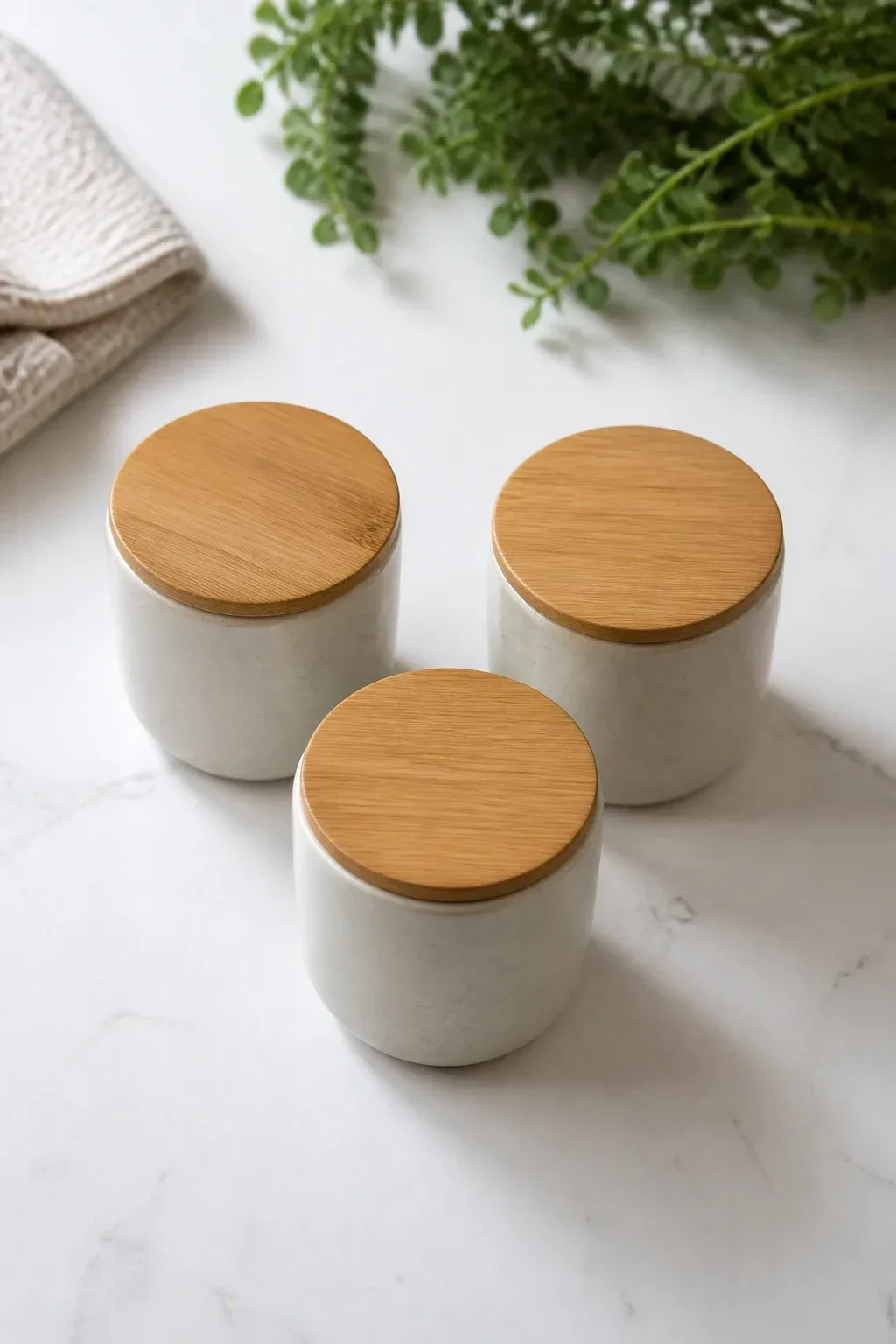 Overhead shot of small ceramic jars with bamboo lids arranged in a trio on a white countertop; neutral tones, natural te