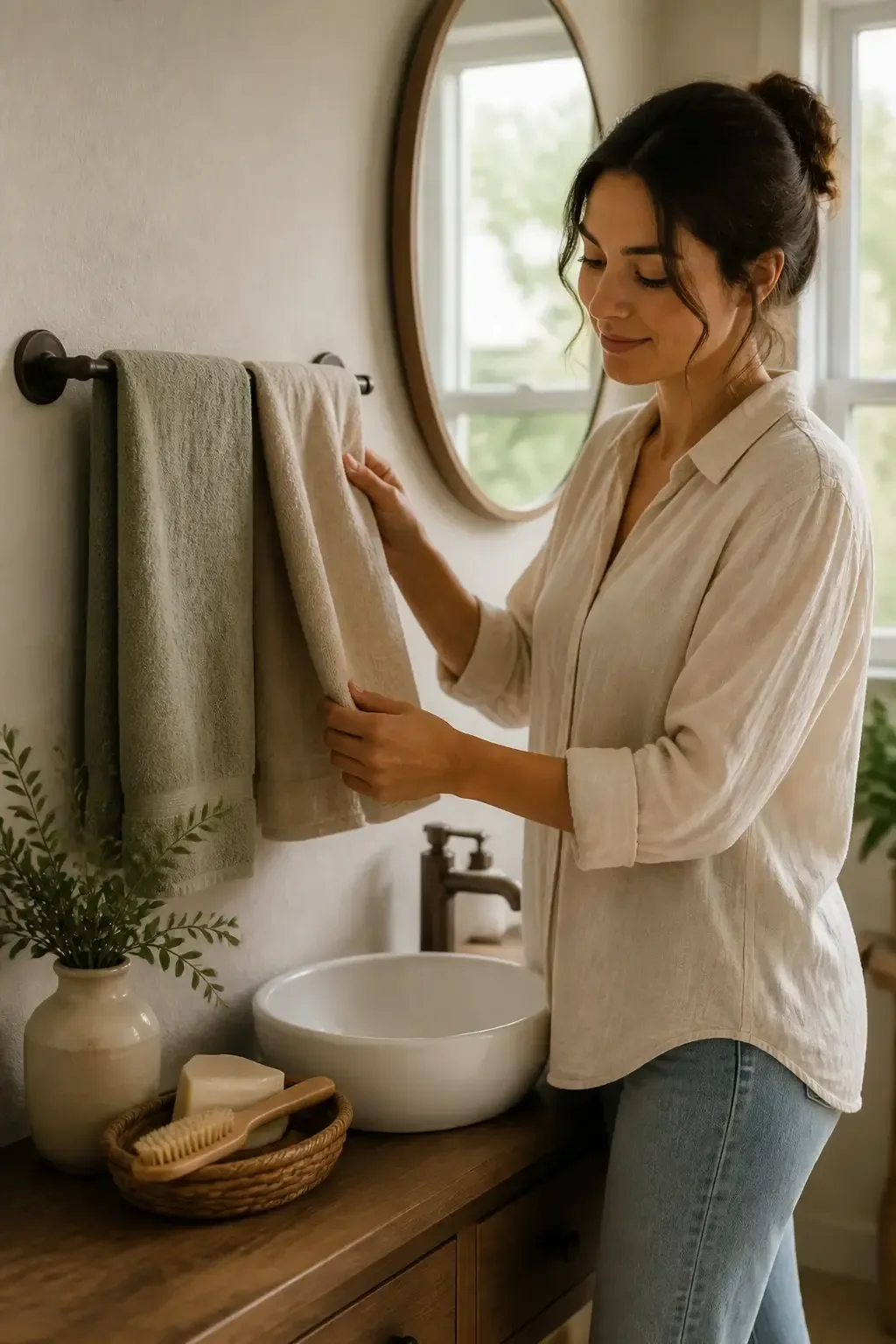 Warm-toned shot of linen hand towels on a simple towel bar beside a sink; natural fiber texture visible, soft morning li