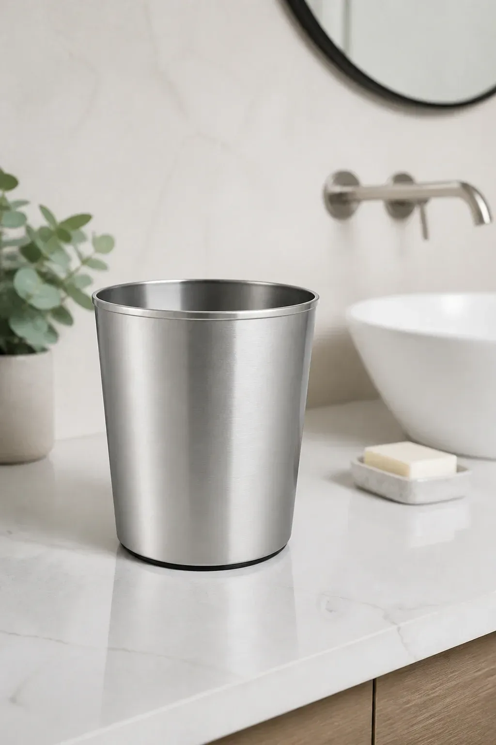 Side-angle view of a compact brushed-nickel waste basket on a bathroom counter, lightly lit to show metallic finish; min