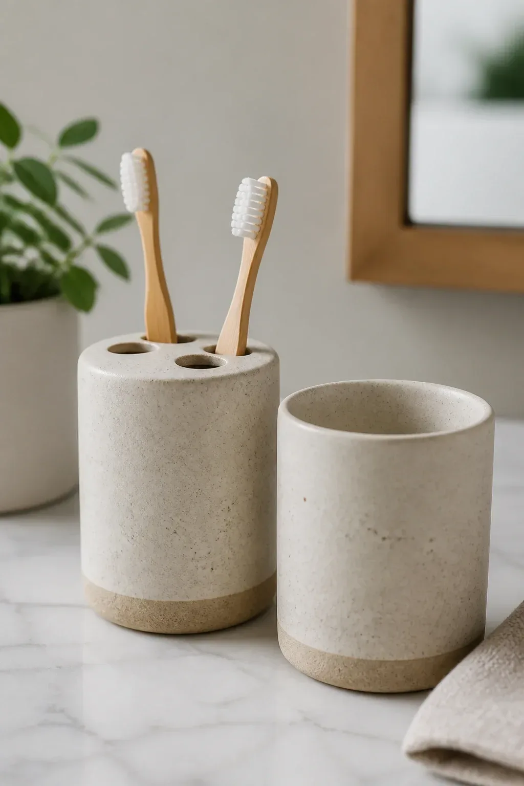 Close-up of a ceramic toothbrush holder and matching cup on a counter end; matte glaze, warm neutrals, subtle speckle, c