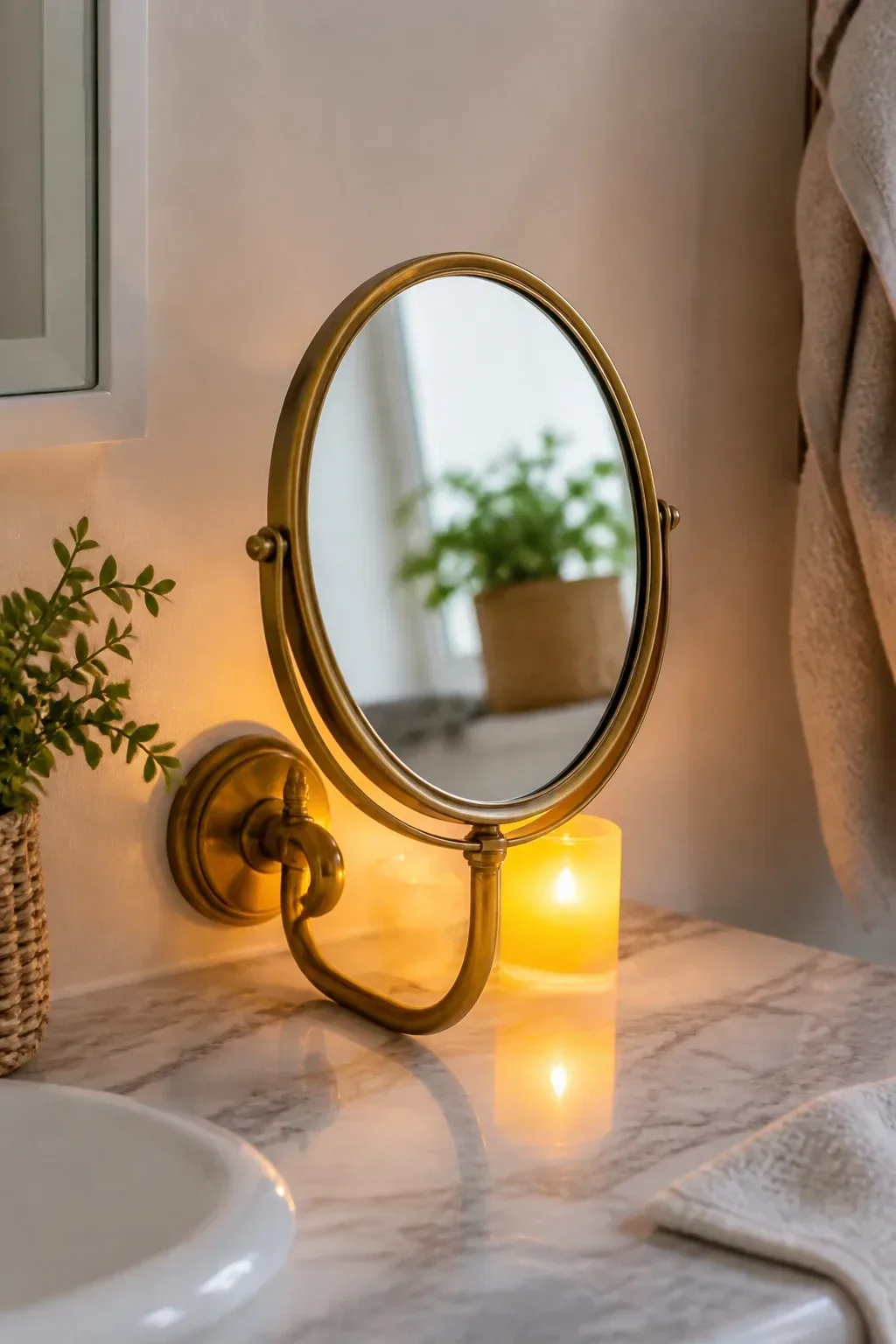 Cozy indoor shot of a small sconce-style mirror and a safe LED candle behind it, casting warm glow on the countertop; so