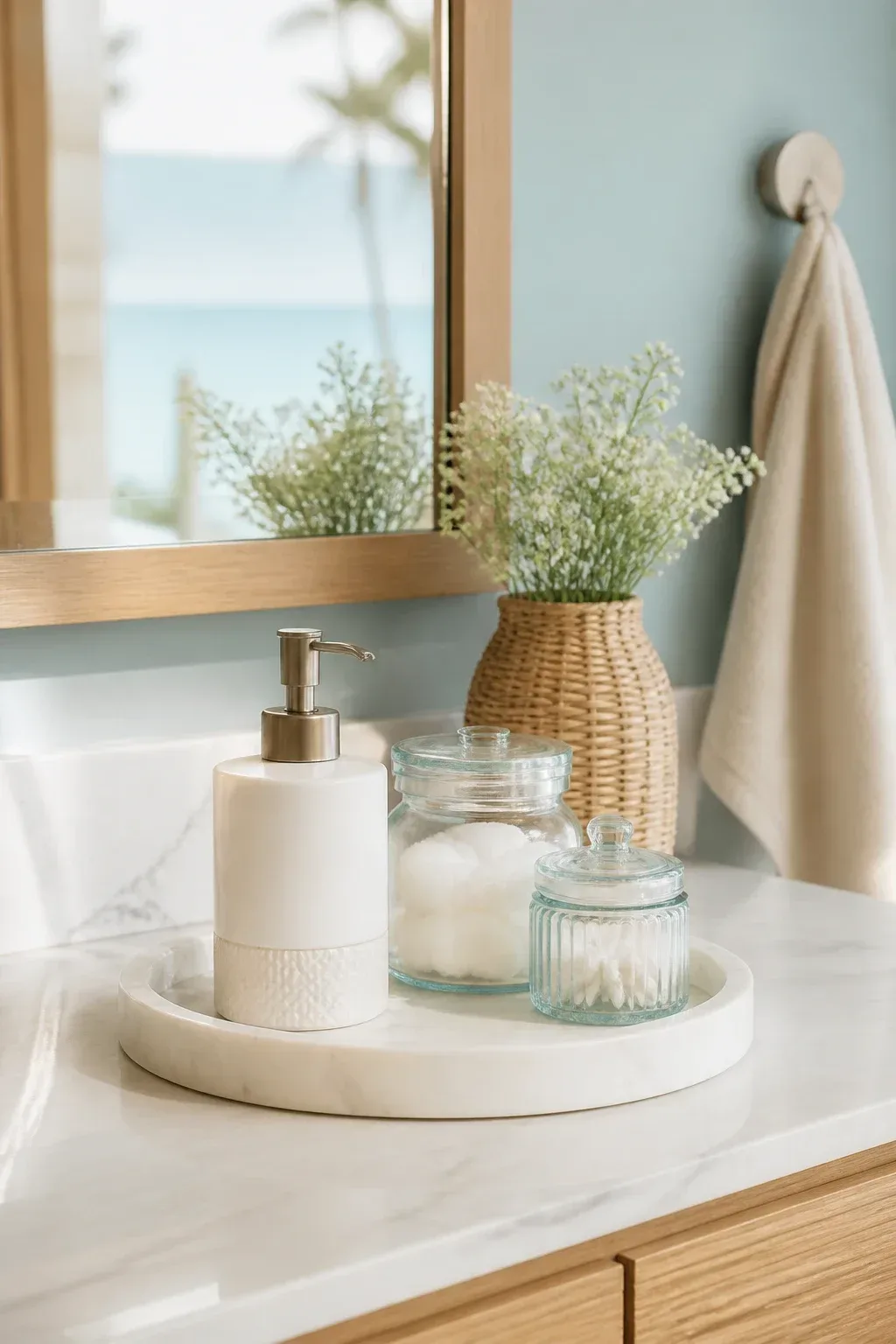 Wide environmental shot of a stylish countertop display featuring a minimal soap dispenser, marble tray, and glass jars;