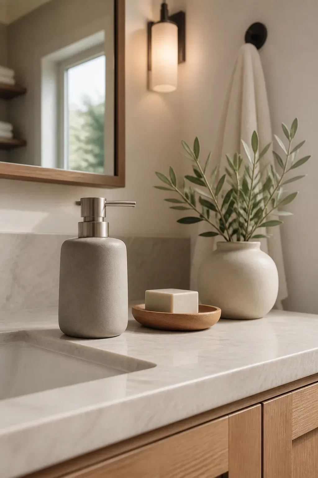 Hero shot: a clean, modern bathroom countertop with a minimalist matte stone soap dispenser, warm workspace lighting, natural wood accents; wide shot showing cohesive neutral palette and soft shadows; real-life scene with a calm, well-lit vibe; no text, no words, no letters, no watermark, no logo. wholesome family-friendly safe-for-work image. If any human appears, use tasteful modest everyday clothing with upper body, shoulders, chest, torso, waist and legs covered, natural simple relatable styling, calm neutral mood, appropriate for a general audience. high quality photorealistic image, sharp focus, natural true-to-life colors, coherent realistic anatomy, exactly two arms per visible person, exactly two hands per visible person, five fingers on each visible hand, one unique natural face per visible person, balanced facial symmetry, one clear main subject, uncluttered background, only props that directly match the article topic and section