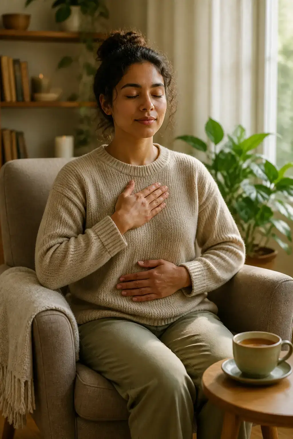 A calm ritual moment: tea cup on a side table, 2-minute breathing cue written on nothing in frame, person seated calmly