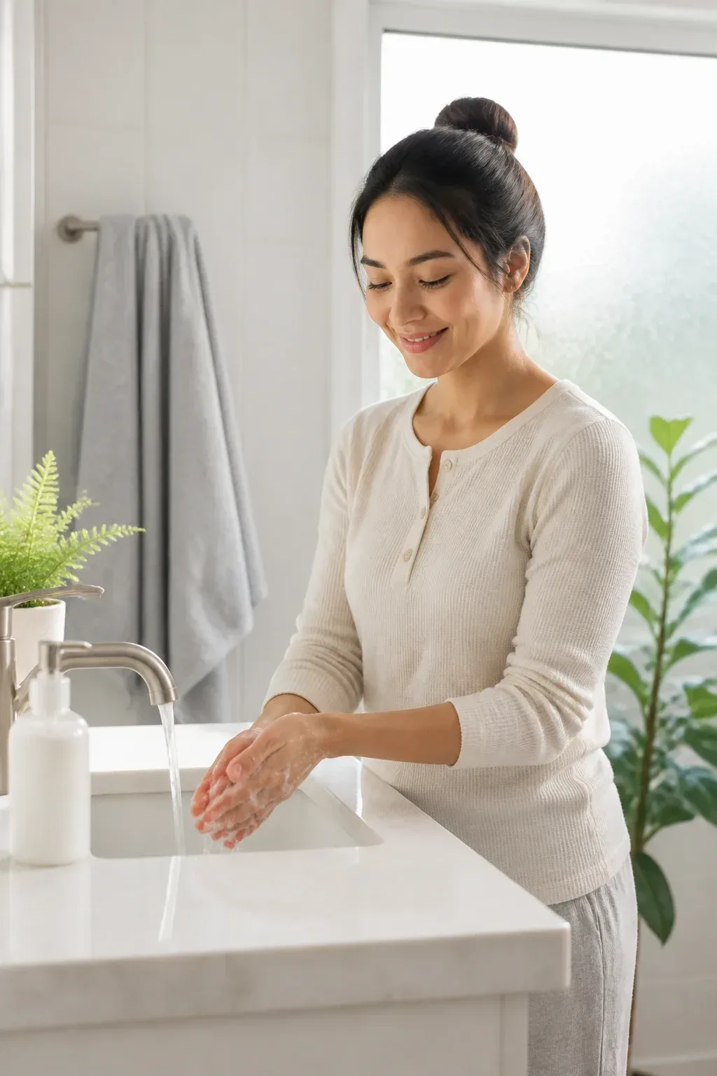 Bathroom corner with soft towel, skincare bottle, and a plant; person washing hands with a gentle smile, light from a fr