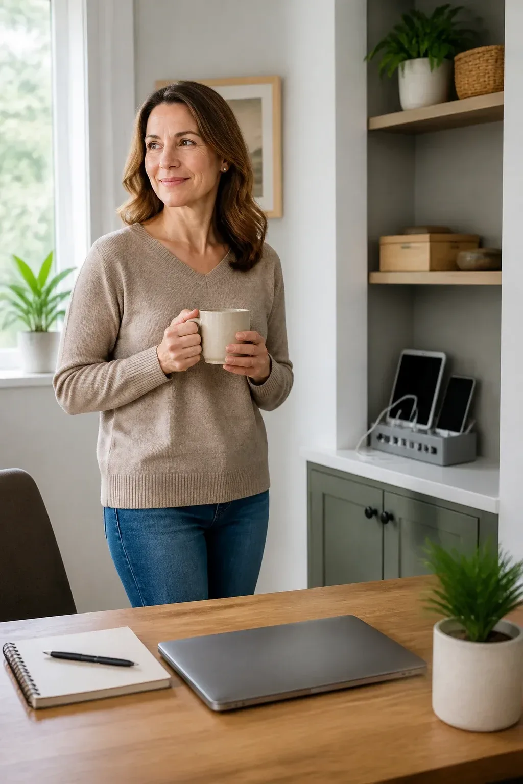 Desk setup for boundaries: charging station organized away from main living area, person stepping away from screen with