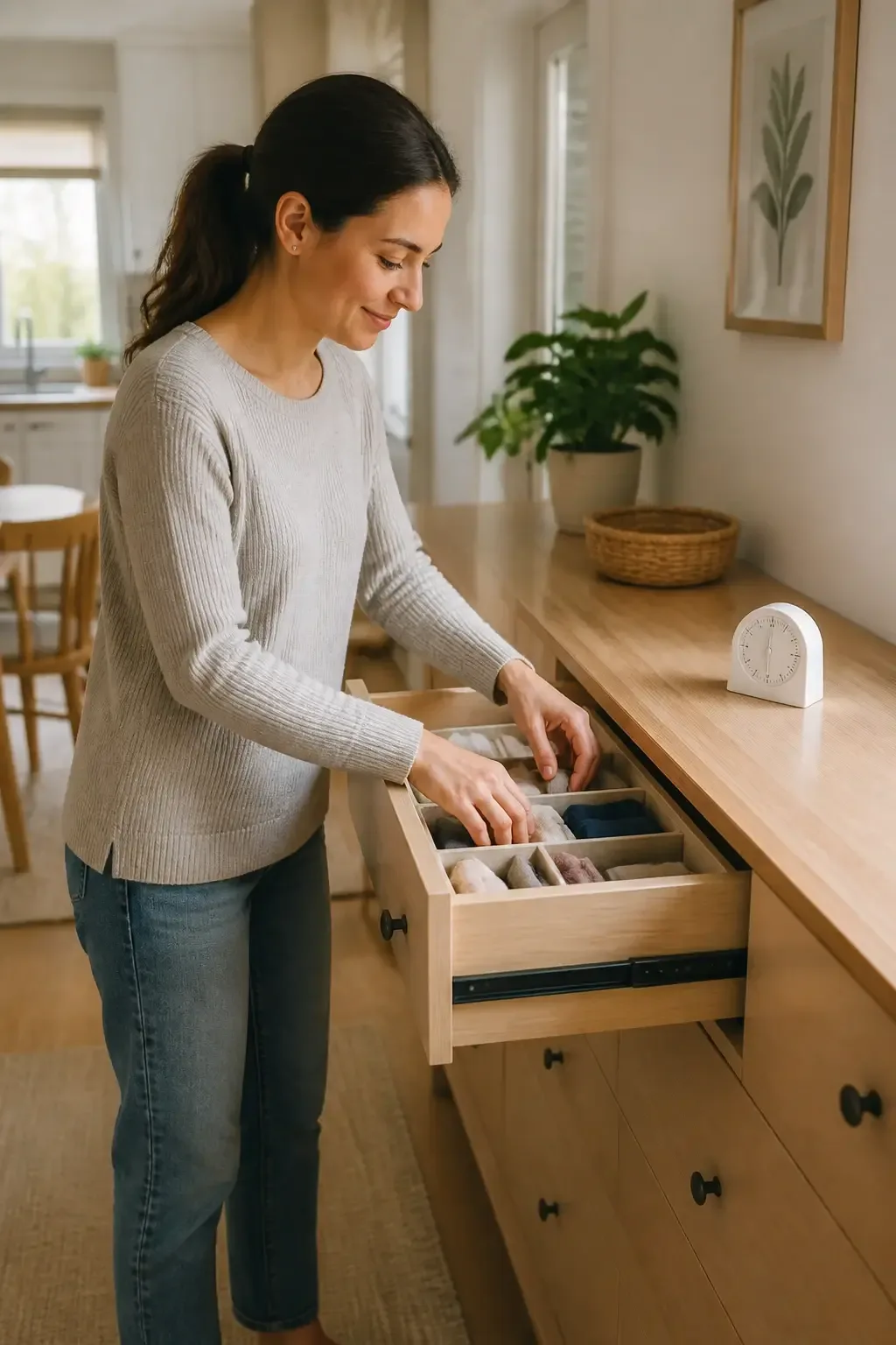 Three-quarter view of a person gently organizing a small drawer in a tidy dresser, soft morning light, neutral tones, a