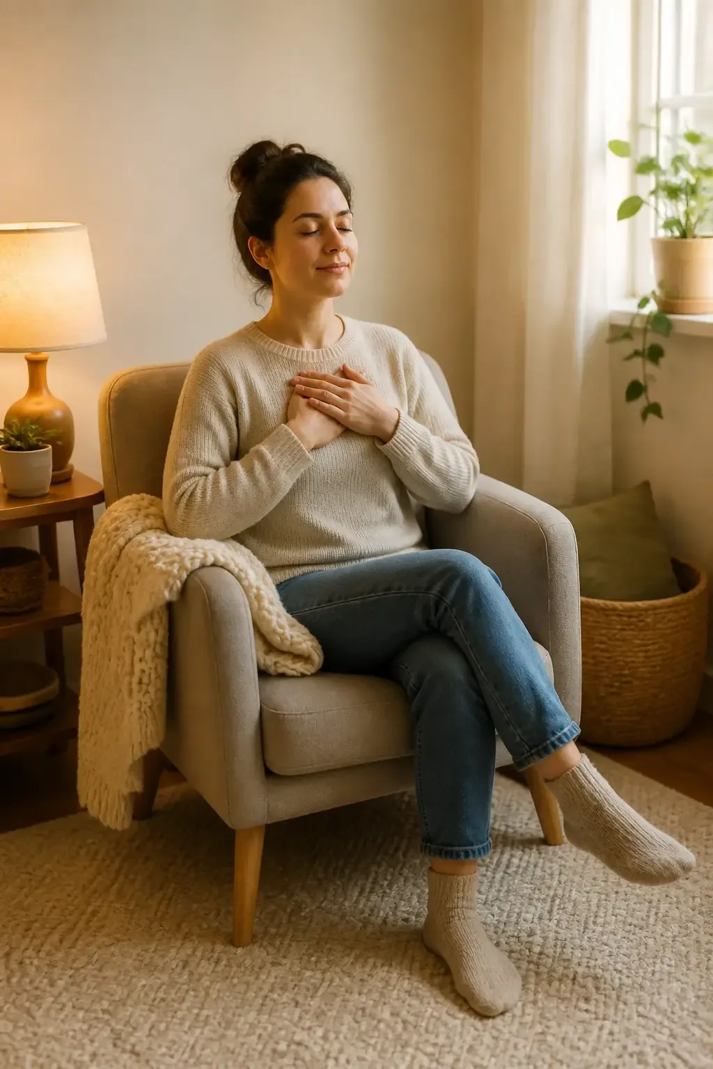 Cozy corner with a dedicated calm zone: a small chair, a soft lamp, a lightweight throw, a rug, a person seated comforta