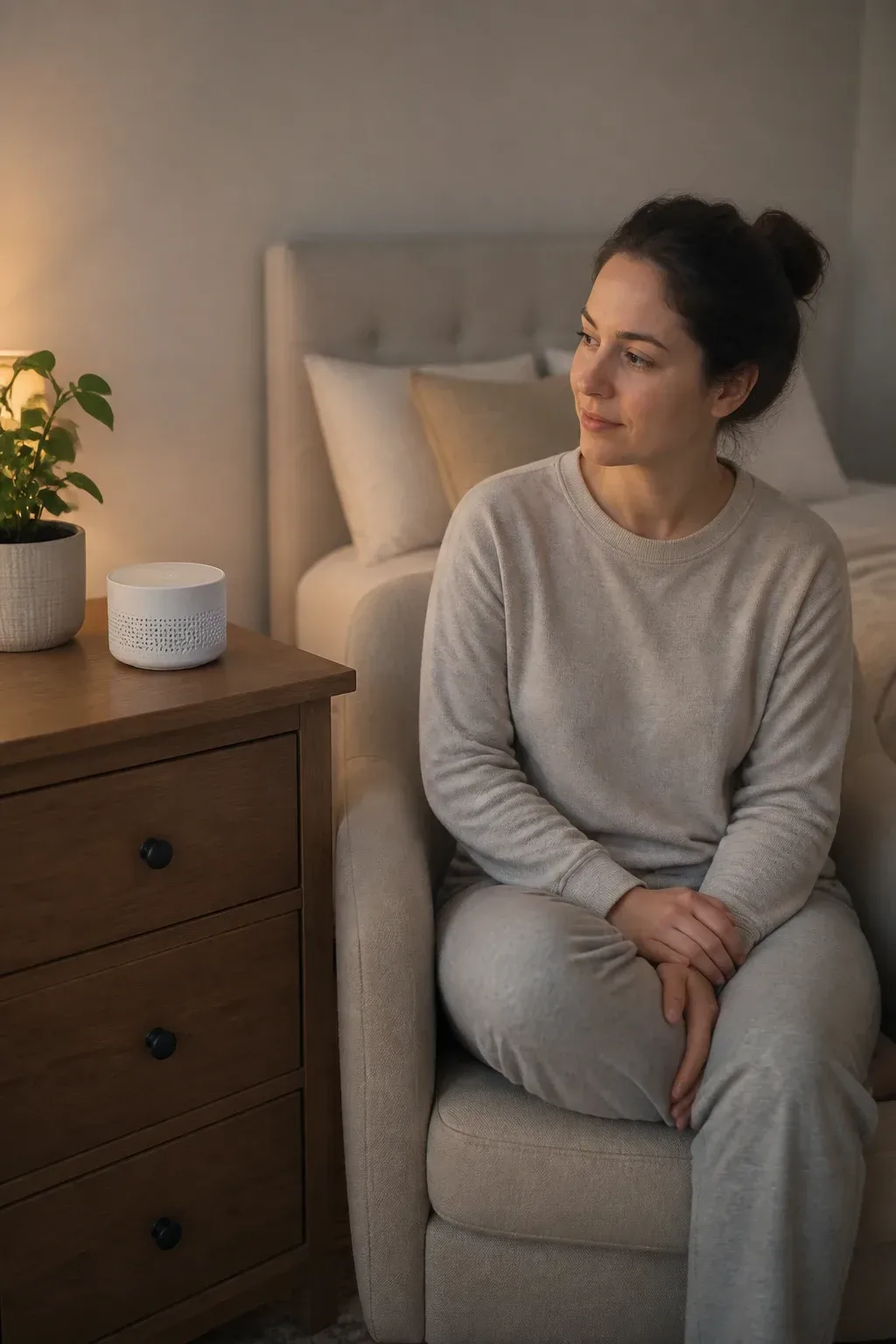 Quiet bedroom setup with a white-noise machine and a small desk plant on a dresser; person in casual home clothes sits n