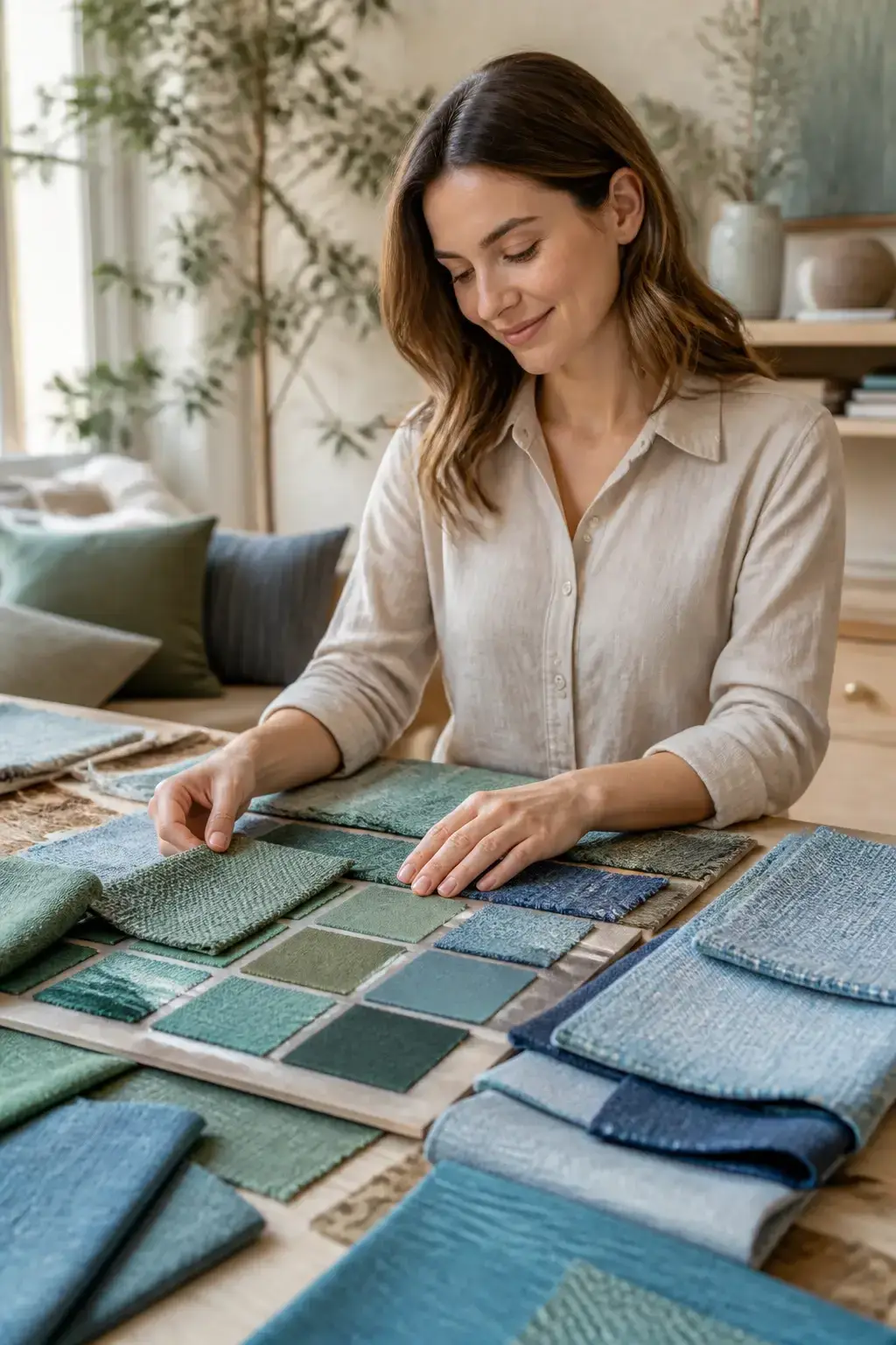 Close-up of muted fabric swatches and a textiles sample board in warm blues and greens, hands gently touching fabric; so