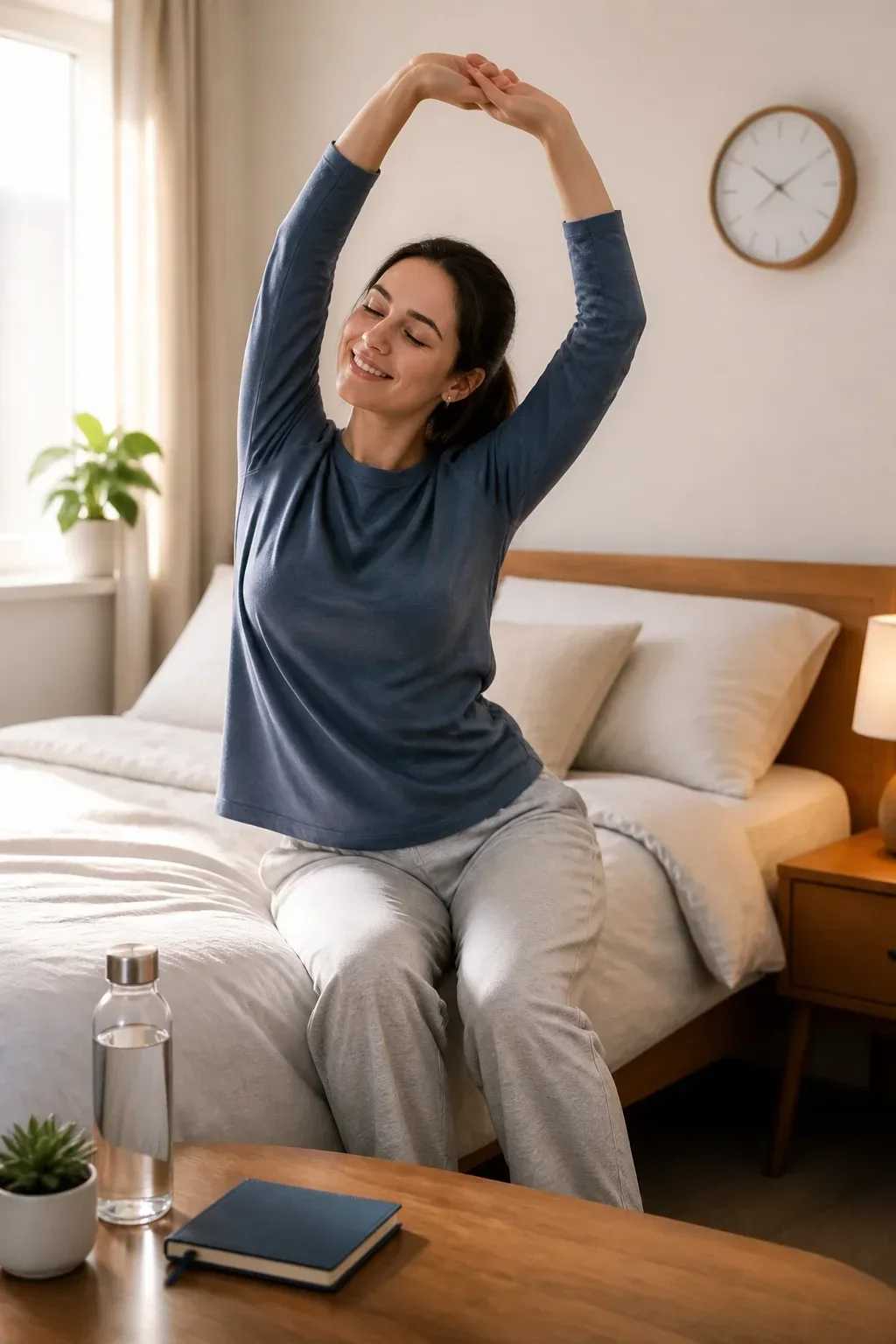 Morning routine scene: a person performing a light stretch in a bright, uncluttered bedroom, clock showing early time, c