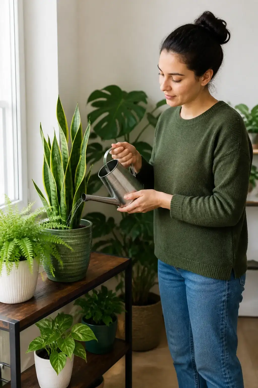 Indoor plants on a small shelf with a person watering a snake plant; natural daylight through a window, green tones, ear