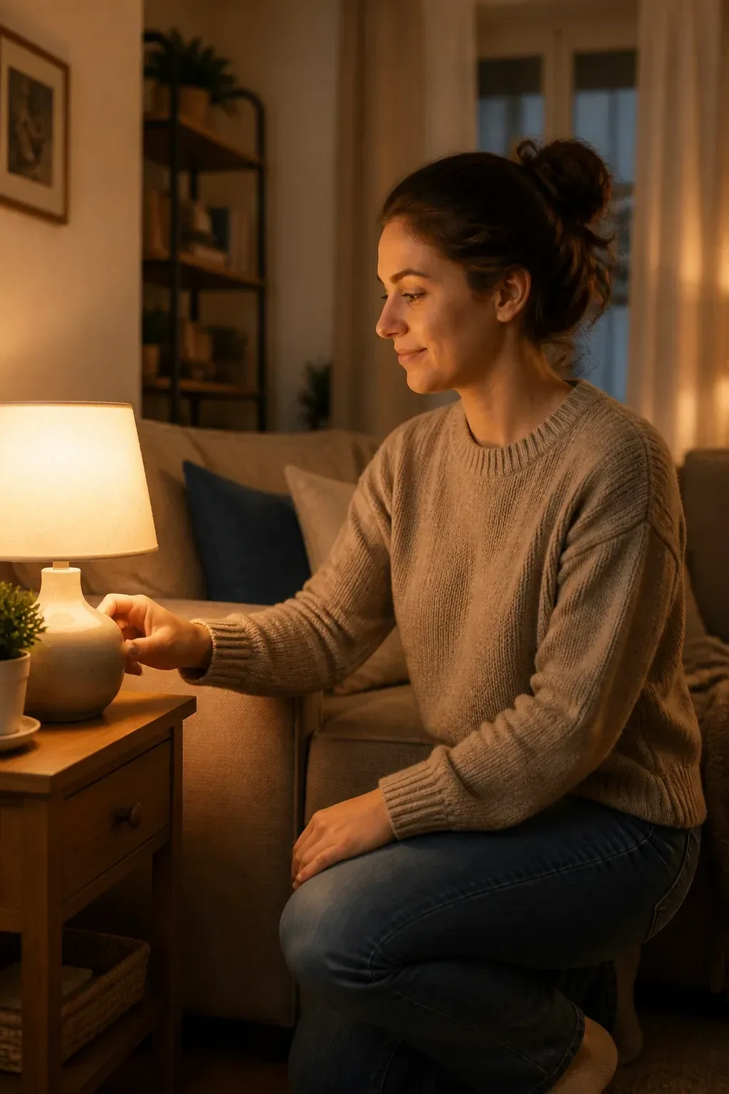 Layered lighting setup in a living area: warm main light, dimmable lamp on a side table, person adjusting a lamp switch;