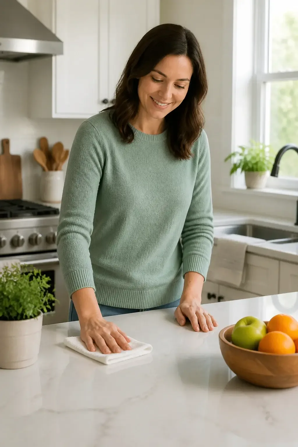Clean kitchen counter with a person wiping surfaces calmly; bowl of fruit and a small plant on the counter, bright but g