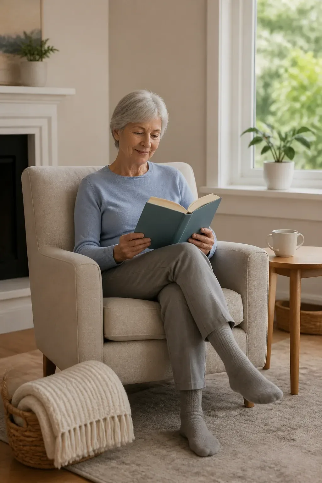 Candid wide shot of a calm, lived-in living room with a single person relaxing in a comfortable chair, soft natural light from a window, pastel hues, a simple blanket folded neatly, no clutter around. Realistic, everyday home scene, unrelated items kept to a minimum, no text, no words, no letters, no watermark, no logo. wholesome family-friendly safe-for-work image. If any human appears, use tasteful modest everyday clothing with upper body, shoulders, chest, torso, waist and legs covered, natural simple relatable styling, calm neutral mood, appropriate for a general audience. high quality photorealistic image, sharp focus, natural true-to-life colors, coherent realistic anatomy, exactly two arms per visible person, exactly two hands per visible person, five fingers on each visible hand, one unique natural face per visible person, balanced facial symmetry, one clear main subject, uncluttered background, only props that directly match the article topic and section