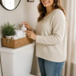 PG-rated, family-safe, modest editorial stock photograph. Any visible person is fully dressed in normal everyday clothing before anything else: shirt or top on, shoulders covered, chest covered, torso covered, waist covered, legs modestly covered, relaxed natural pose. A cozy, well-lit bathroom scene showing a back-of-toilet basket styled with essential items in a tidy, neutral-toned bathroom; natural morning light, clean surfaces, subtle greenery, no text, no words, no letters, no watermark, no logo. full subject clearly in frame, natural composition, realistic scale. wholesome family-friendly safe-for-work image. If any human appears, use tasteful modest everyday clothing with upper body, shoulders, chest, torso, waist and legs covered, natural simple relatable styling, calm neutral mood, appropriate for a general audience. high quality photorealistic image, sharp focus, natural true-to-life colors, coherent realistic anatomy, exactly two arms per visible person, exactly two hands per visible person, five fingers on each visible hand, one unique natural face per visible person, balanced facial symmetry, one clear main subject, uncluttered background, only props that directly match the article topic and section